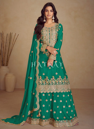 Green Embroidered Sharara Suit