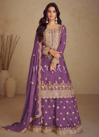 Purple Embroidered Sharara Suit