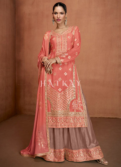Peach Multi Embroidered Sharara Suit
