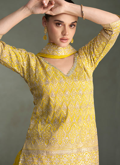 Yellow Reshamkari Embroidery Sharara Style Suit