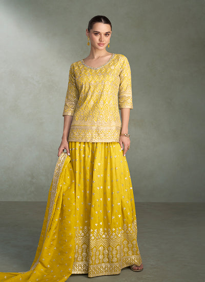 Yellow Reshamkari Embroidery Sharara Style Suit
