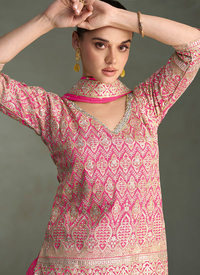 Magenta Reshamkari Embroidery Sharara Style Suit