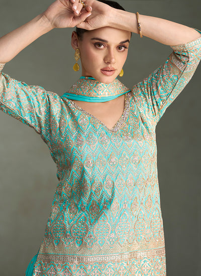 Turquoise Reshamkari Embroidery Sharara Style Suit