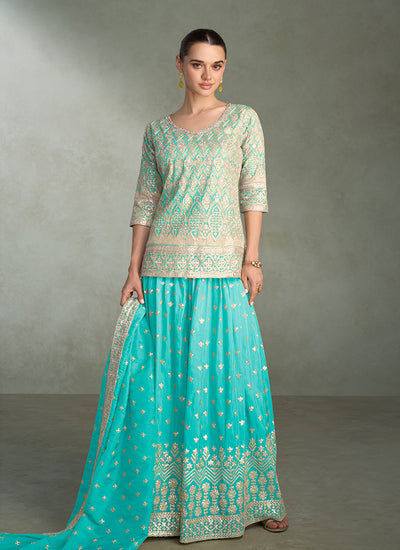 Turquoise Reshamkari Embroidery Sharara Style Suit