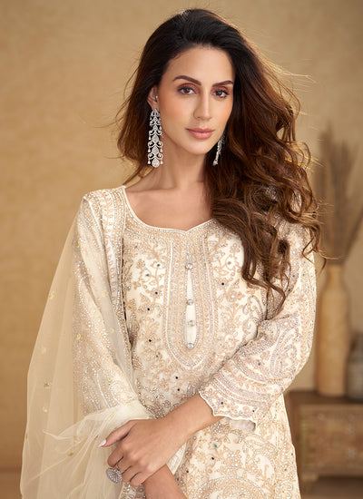 Cream White Designer Embroidered Sharara Suit