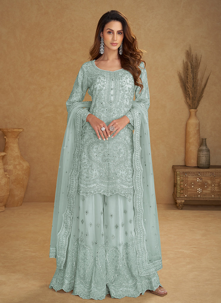 Sky Blue Designer Embroidered Sharara Suit