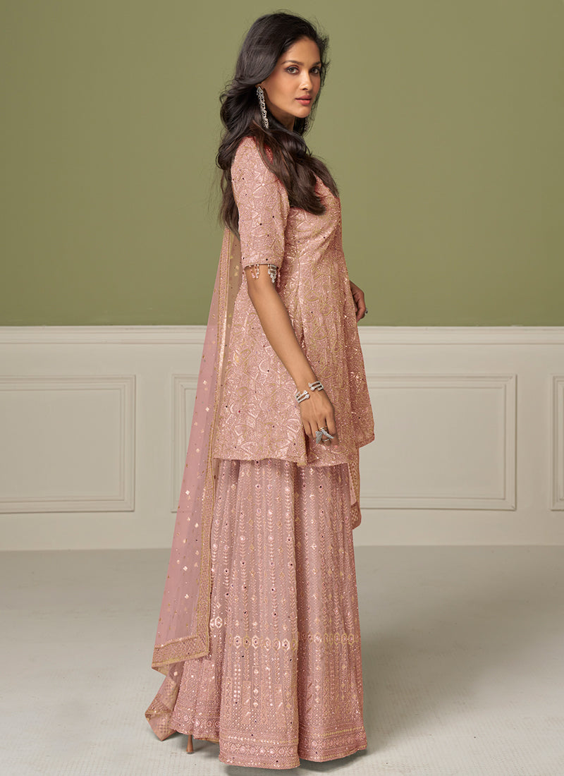 Coral Peach Embroidered Peplum Style Sharara Suit