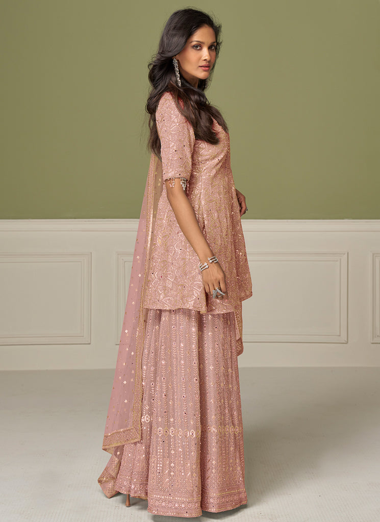 Coral Peach Embroidered Peplum Style Sharara Suit