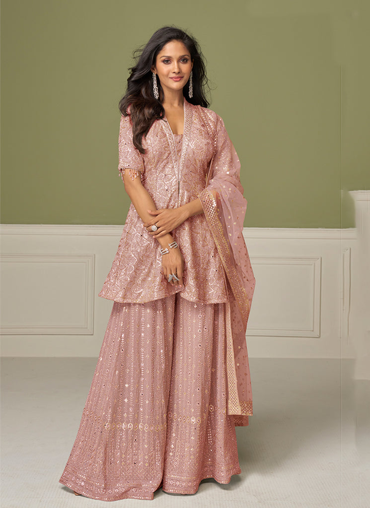 Coral Peach Embroidered Peplum Style Sharara Suit
