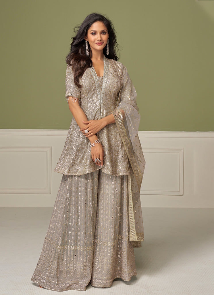 Sand Beige Embroidered Peplum Style Sharara Suit