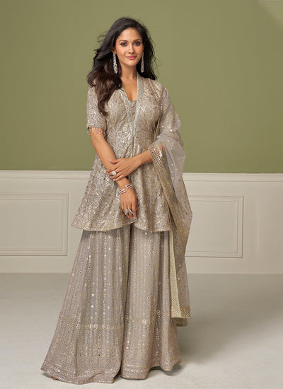 Sand Beige Embroidered Peplum Style Sharara Suit