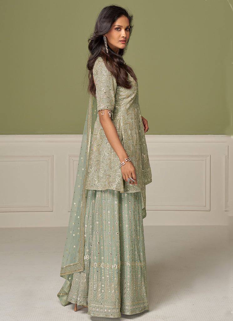 Sage Green Embroidered Peplum Style Sharara Suit