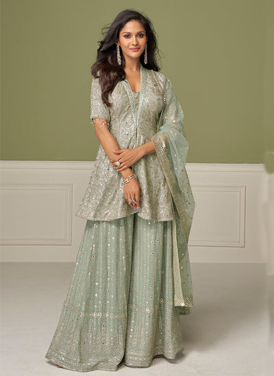 Sage Green Embroidered Peplum Style Sharara Suit