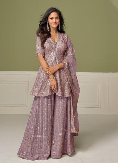 Mauve Purple Embroidered Peplum Style Sharara Suit