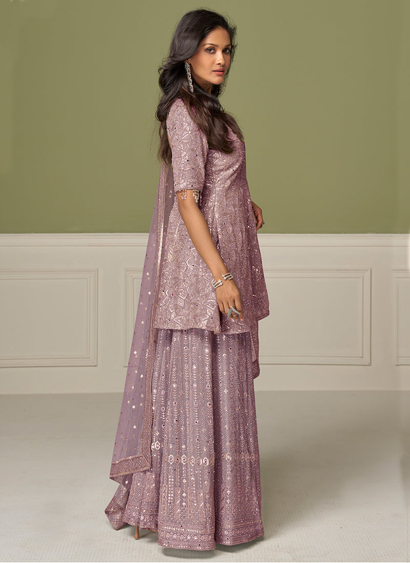 Mauve Purple Embroidered Peplum Style Sharara Suit