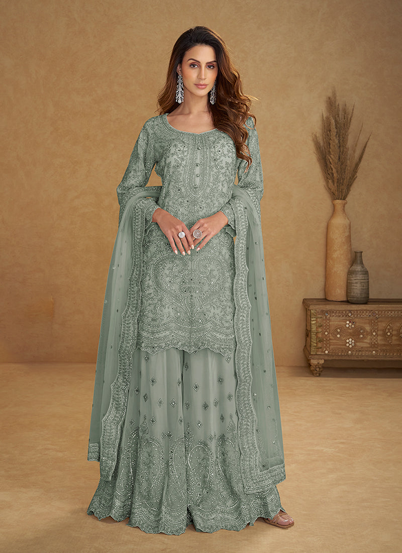 Sage Green Designer Embroidered Sharara Suit