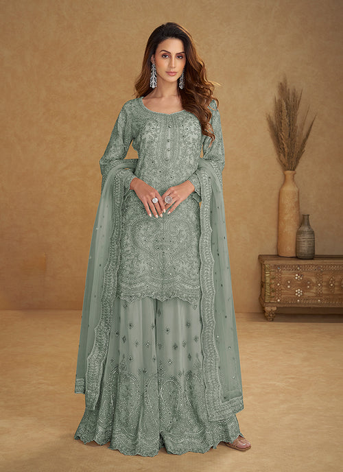 Sage Green Designer Embroidered Sharara Suit