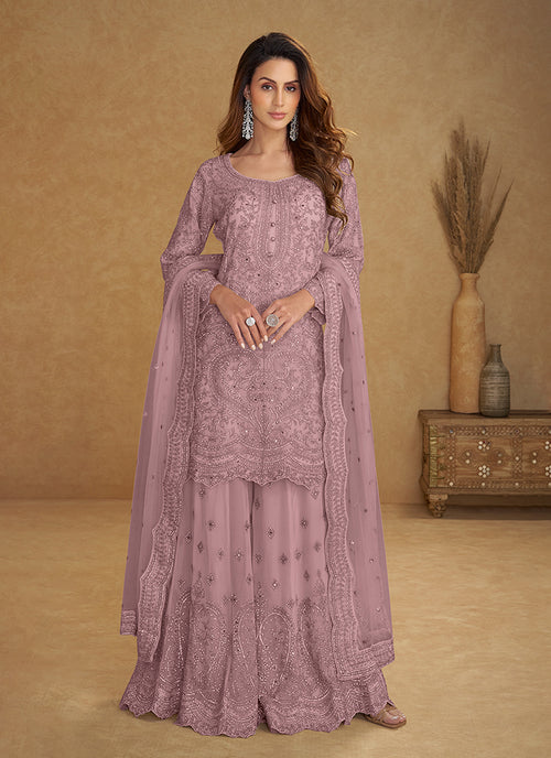 Lavender Designer Embroidered Sharara Suit