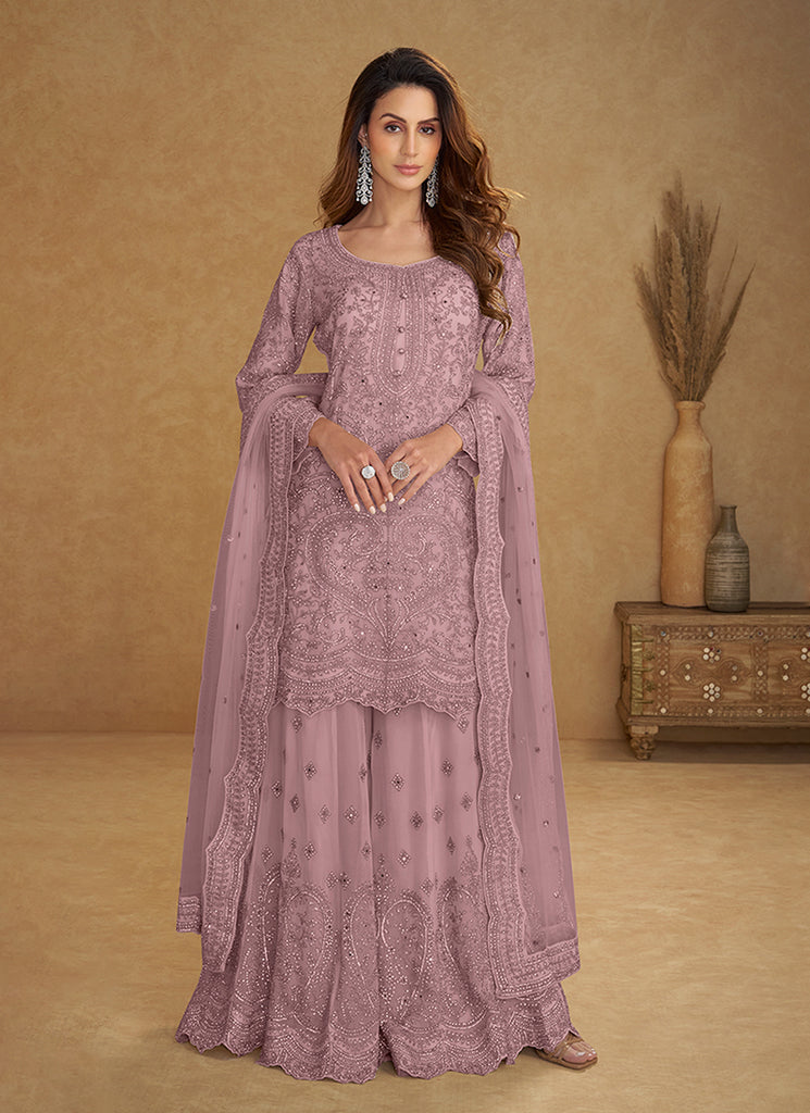 Lavender Designer Embroidered Sharara Suit