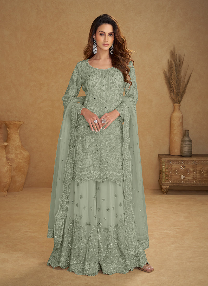 Mint Green Designer Embroidered Sharara Suit