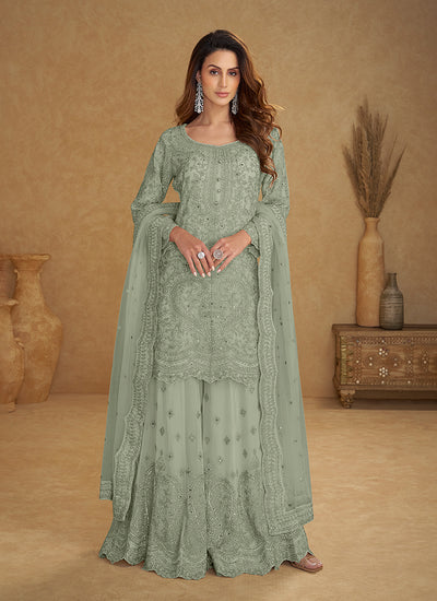Mint Green Designer Embroidered Sharara Suit