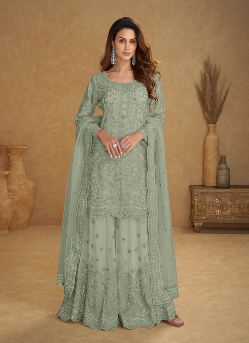 Mint Green Designer Embroidered Sharara Suit