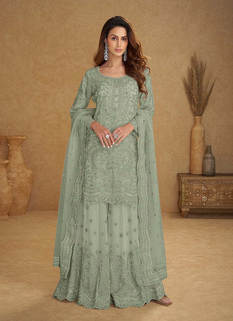 Mint Green Designer Embroidered Sharara Suit