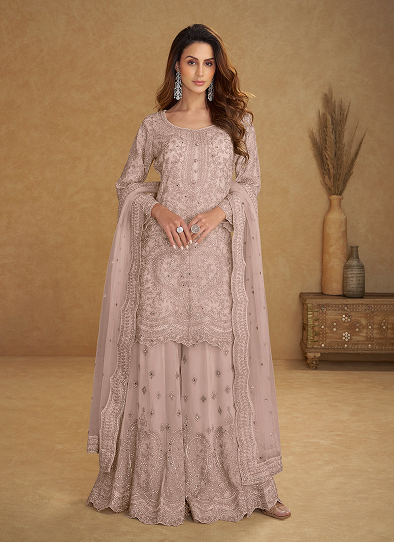 Light Pink Designer Embroidered Sharara Suit