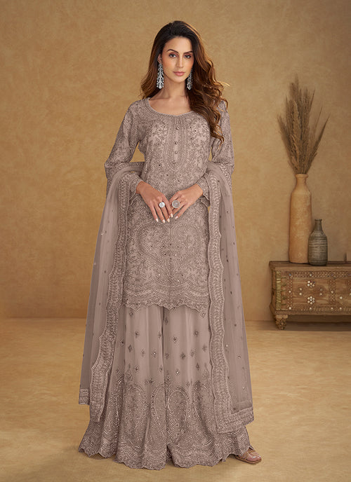 Mauve Designer Embroidered Sharara Suit