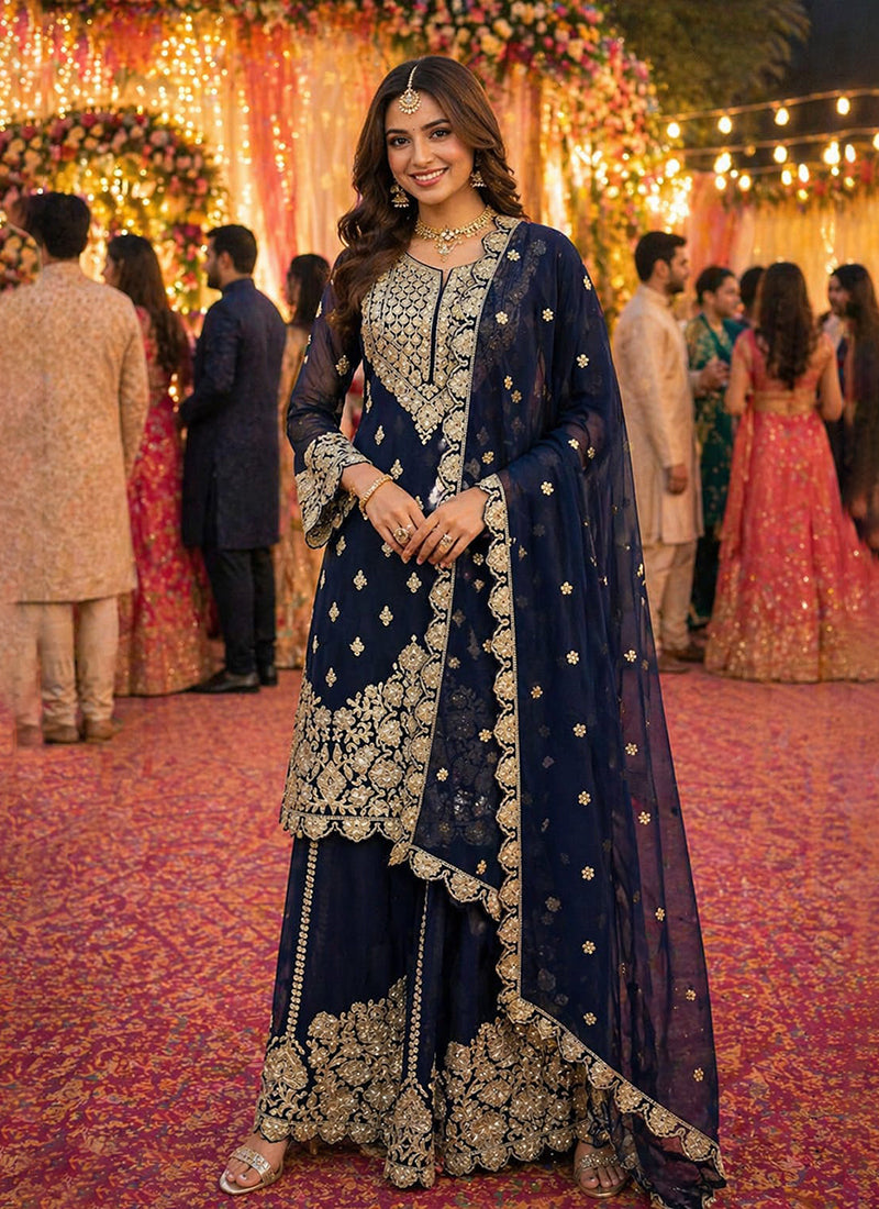 Navy Blue Mirror Embroidered Sharara Style Suit