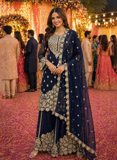 Navy Blue Mirror Embroidered Sharara Style Suit