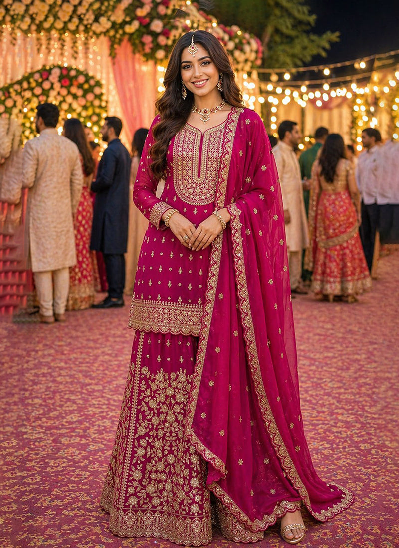Rani Pink Mirror Embroidered Sharara Style Suit