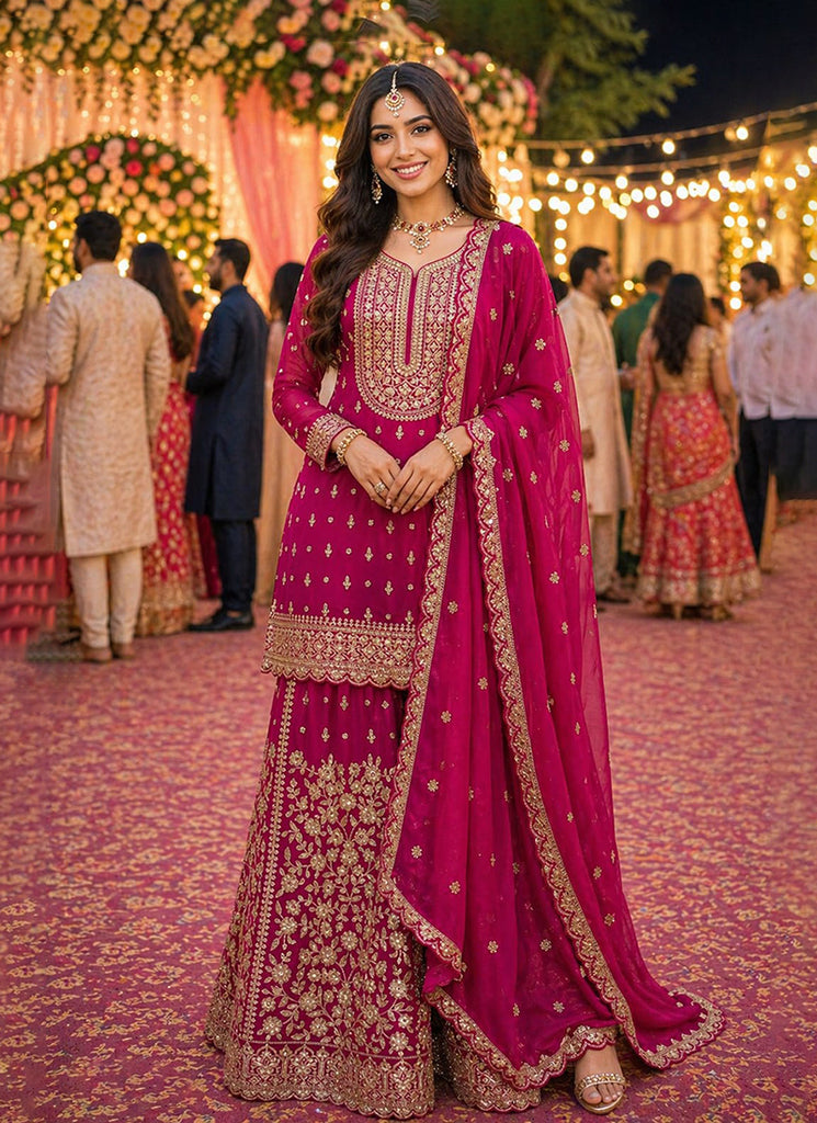 Rani Pink Mirror Embroidered Sharara Style Suit