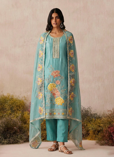 Sky Blue Floral Embroidery Pant Style Suit