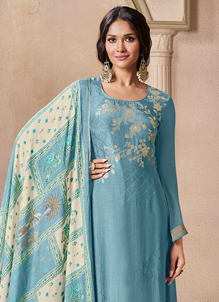 Sky Blue Silk Pant Style Suit