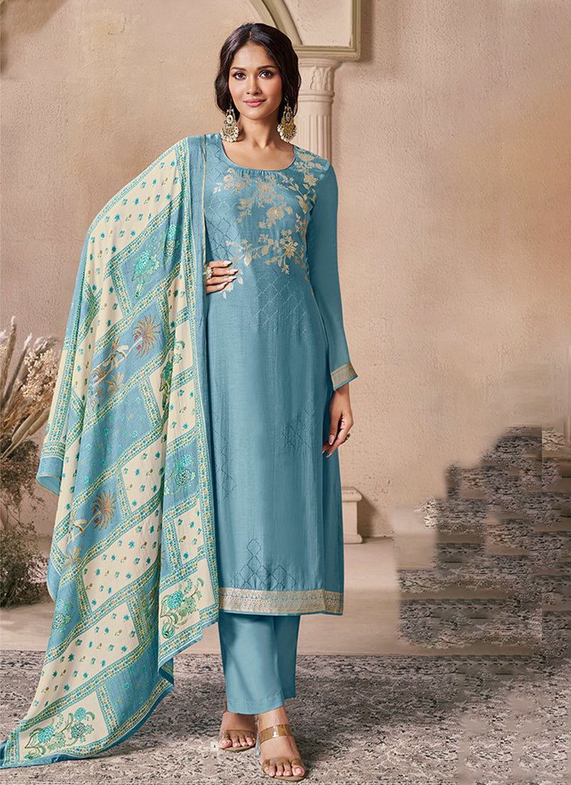 Sky Blue Silk Pant Style Suit