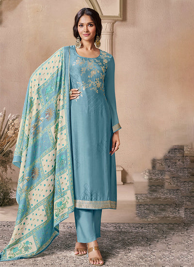 Sky Blue Silk Pant Style Suit