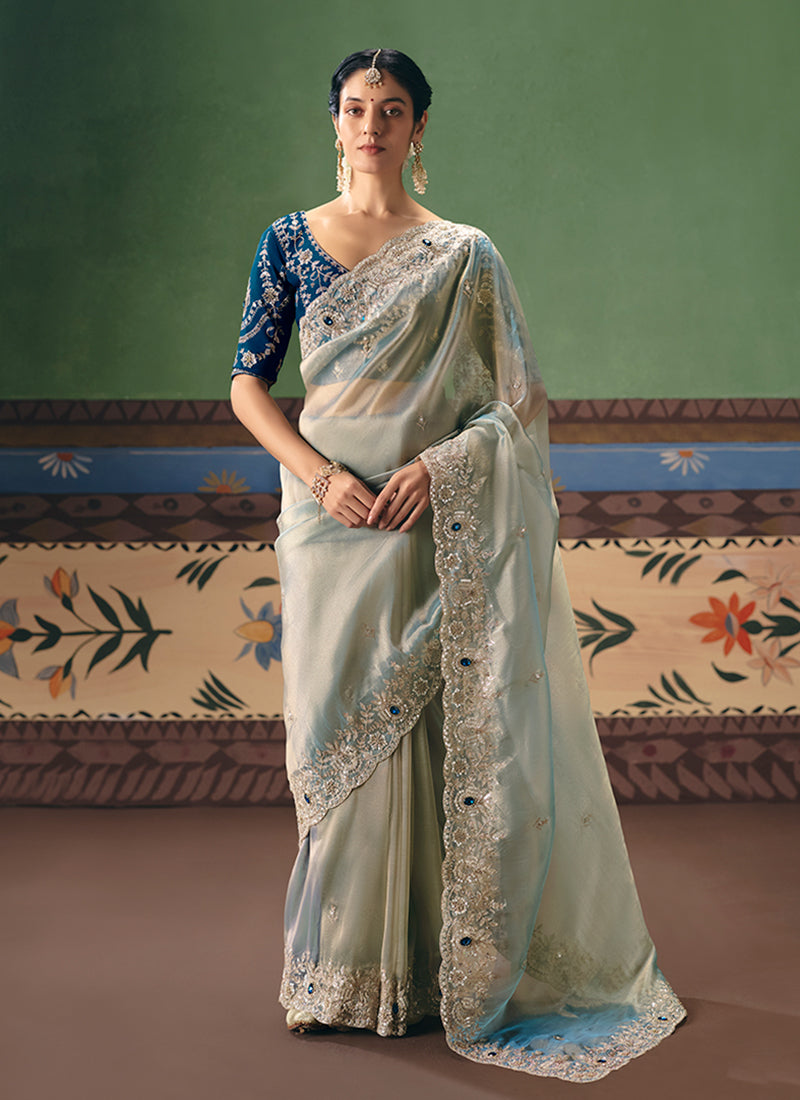 Sky Blue Handwork Embroidered Silk Saree