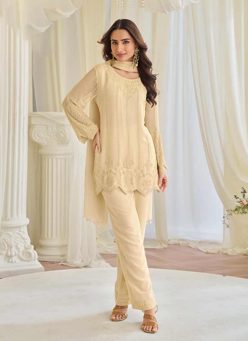Soft Beige Handwork Embroidery Pant Style Suit