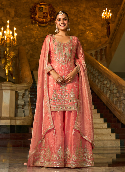 Soft Peach Embroidered Silk Sharara Suit