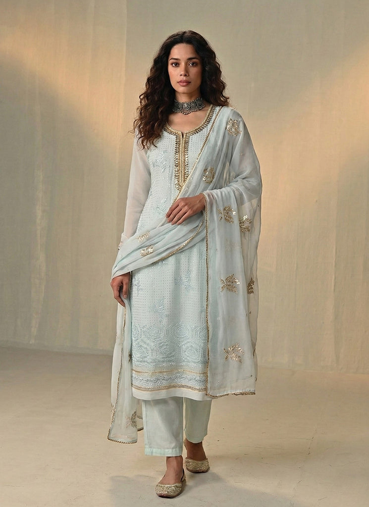 Pastel Blue Sequins Embroidery Pakistani Style Pant Suit