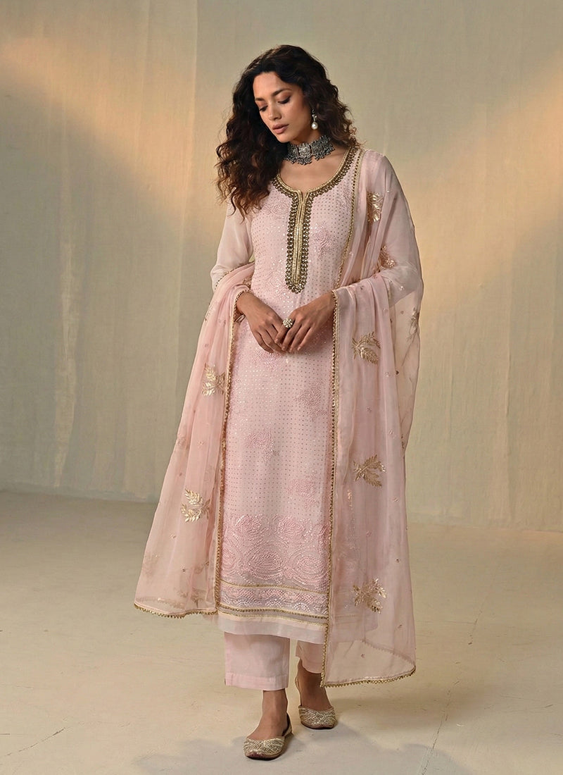 Baby Pink Sequins Embroidery Pakistani Style Pant Suit