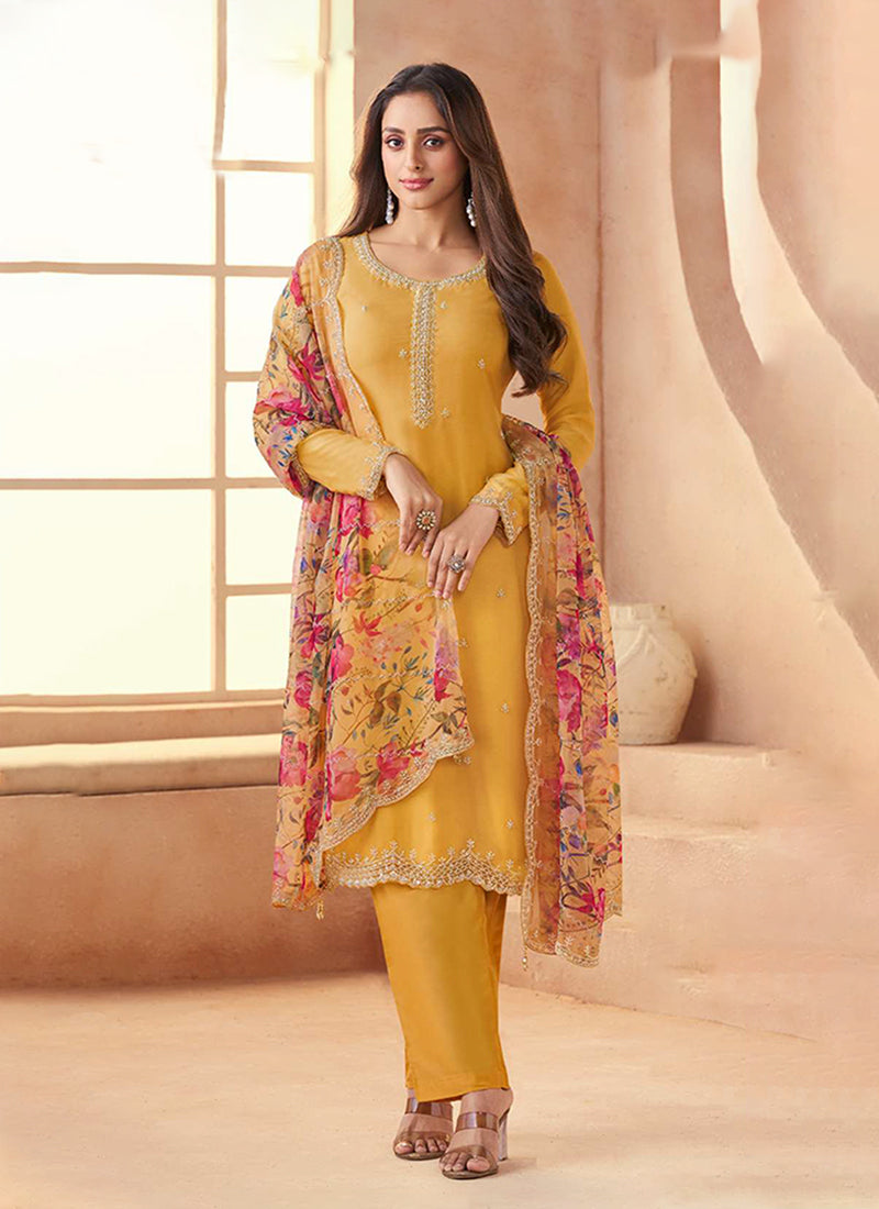 Yellow Embroidered Straight Pant Suit