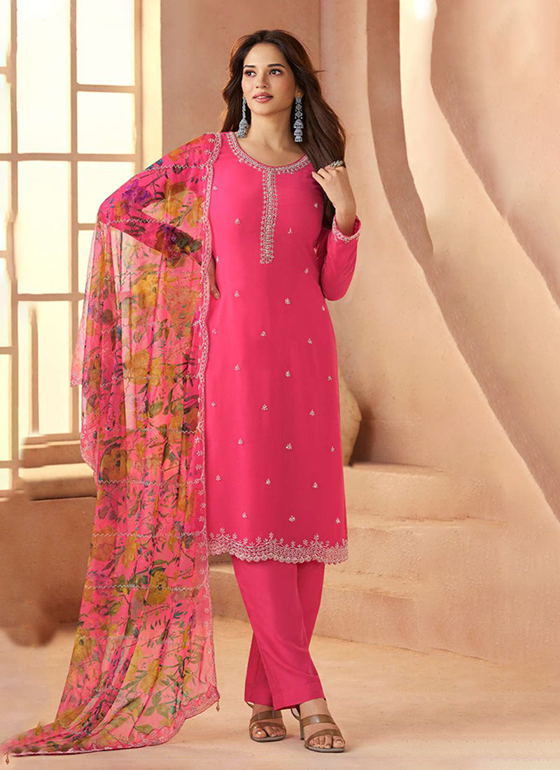 Pink Embroidered Straight Pant Suit