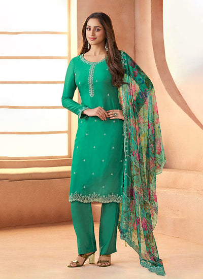 Green Embroidered Straight Pant Suit