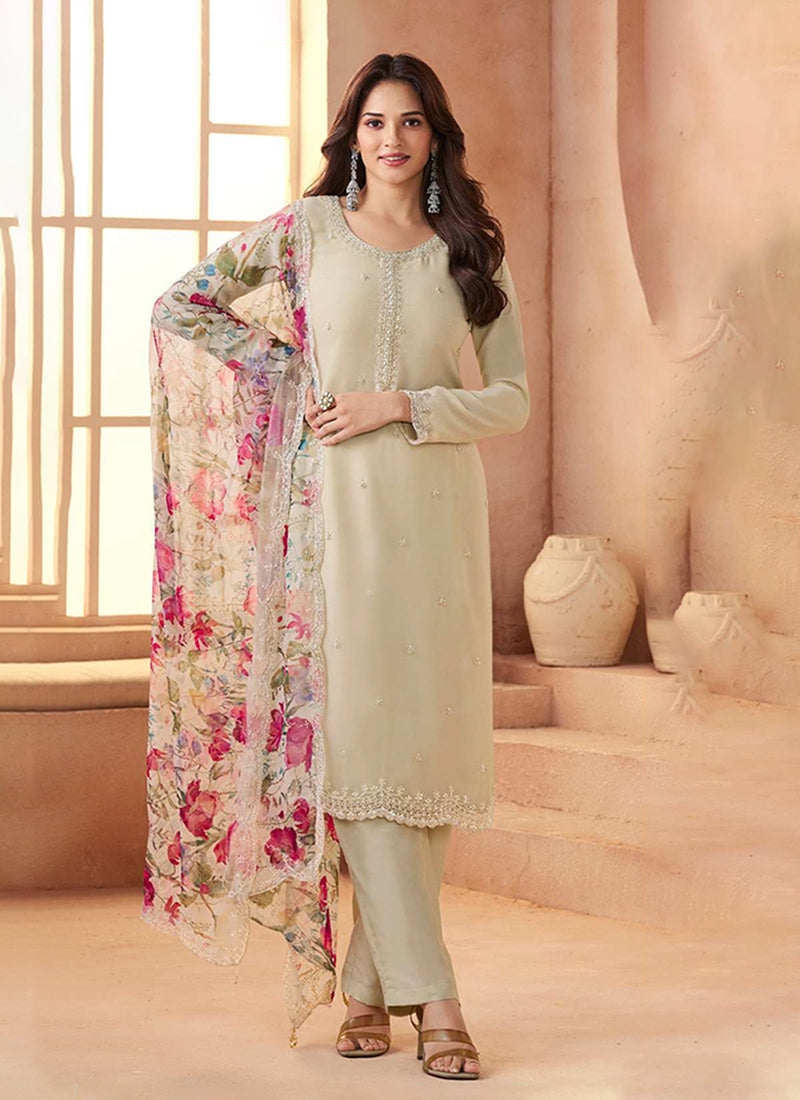 Beige Embroidered Straight Pant Suit