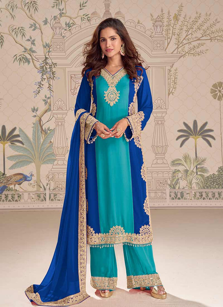 Teal and Blue Embroidery Georgette Palazzo Suit