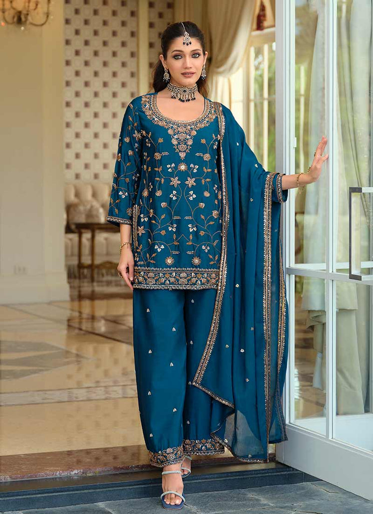 Teal Blue Embroidered Kurta and Pant Suit