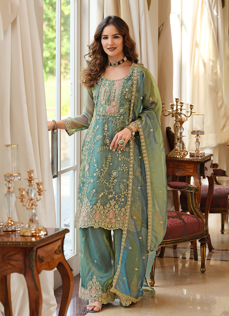 Teal Blue Multi Embroidered Pant Style Suit