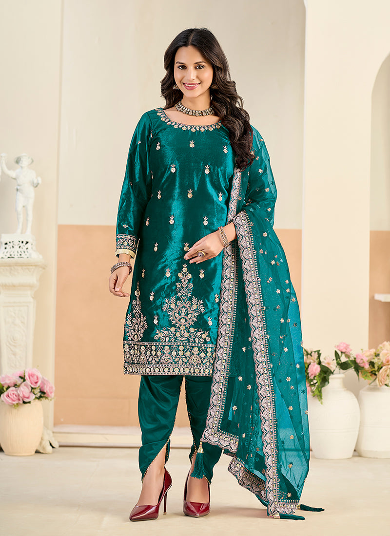 Teal Embroidery Dhoti Style Pant Suit
